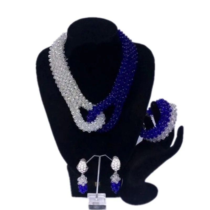 African beads Jewelry Set White and Royal Blue Nigerian Necklace And Earring cross Bridal Jewellery For Women 2018 | Украшения и