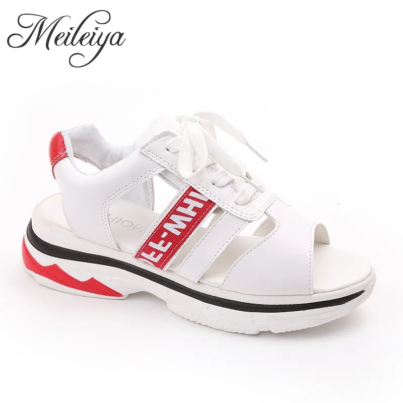 

2019 Summer Women's Leisure Flat Mesh Breathable Sandals Lace-up Footwear Peep Toe Platform Sneakers Outside Shoes Ladies