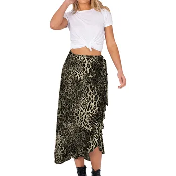 

KLV Fashion Women Leopard Print Skirt Ladies Bandage Ruffles Hem Casual Mid-Calf Skirt Female Straight Skirts Dropship 4.4