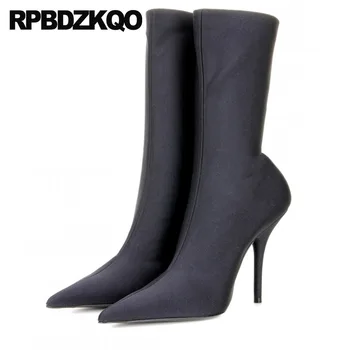 

High Heel 10 Luxury Brand Shoes Women Extreme Big Size Slim Fetish Candy Satin Black Boots Mid Calf Pointed Toe Stiletto Stretch