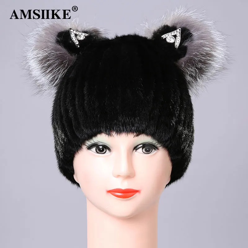 AMSIIKE Шапка Шорковая с Двумя Помпонами из Чернобурки DM2059|Женские Skullies и шапочки| |