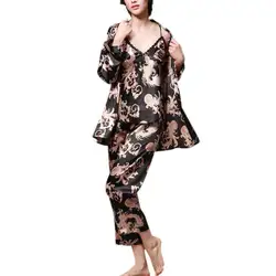 3 шт. Большие размеры халат пижамы Брюки для девочек Наборы для ухода за кожей 2017 Дамы спать гостиная Дракон печати ночные рубашки женские