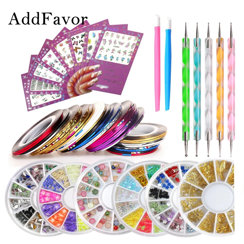 Addfavor дизайн ногтей декоративный Комплект ногтей горный хрусталь Блестящий Жемчуг Striping Лента линия наклейка с цветком для ногтей Dotting карандаш для маникюра, инструменты