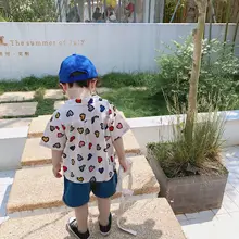 Summer Fashion Colorful Heart Printed Short Sleeve Shirts for Baby Boys Pure Cotton Casual Shirt 1-6Years