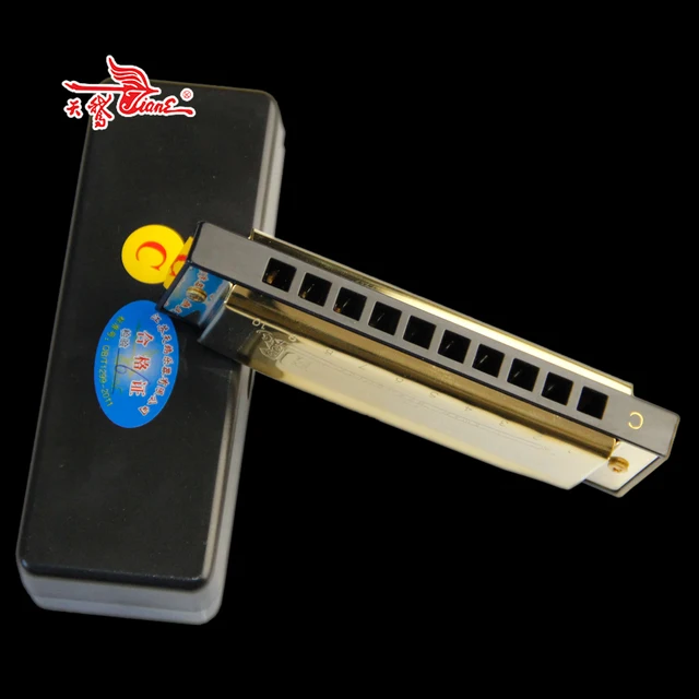 10 Hole 2D Tone Blues Harmonica / Copper Reed Plate & Cover Plate Golden Square Bruce Harmonica with Plastic Box / Mouth Organ