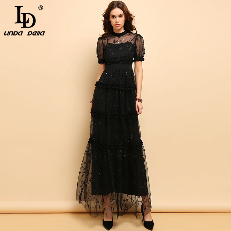 LD LINDA DELLA Fashion Runway Zwarte Lange Jurk vrouwen Mesh Lovertjes Borduurwerk Vintage Formele Party Jurken Elegante Maxi Jurk