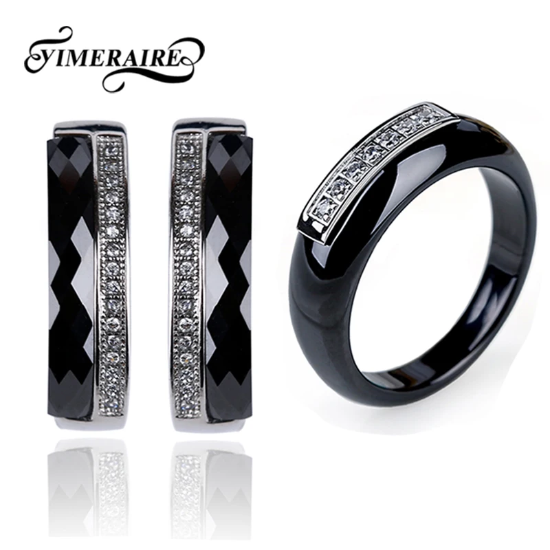 Элегантные черные керамические кольца для женщин, CZ камень, u-образные серьги, Классический Модный комплект ювелирных изделий, высокое качество, здоровый материал для женщин