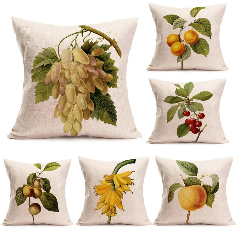 Linen Pillow Cover 45cm*45cm Fruit Pattern Banana Grape Apricot Etc
