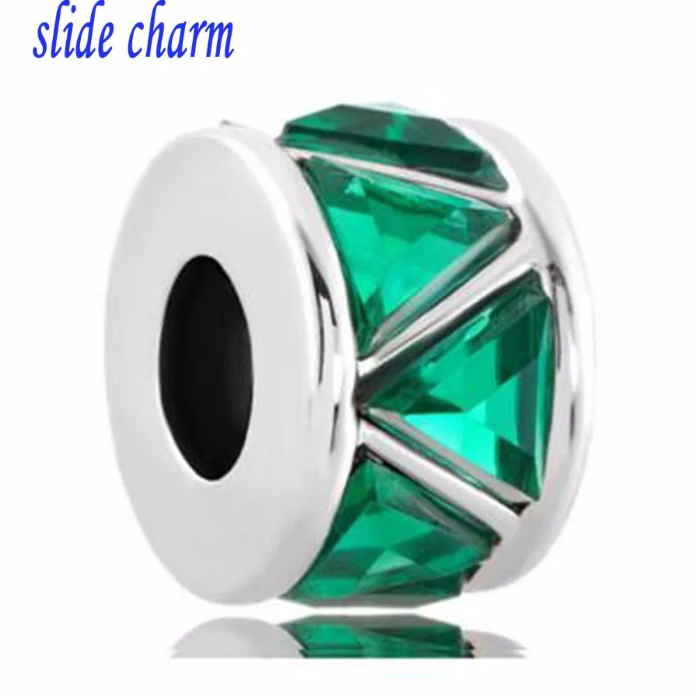 

slide charm Free shipping Silver Charm Bracelet Spacer European Bead Green Cz Bracelet Bead fit Pandora charm bracelet