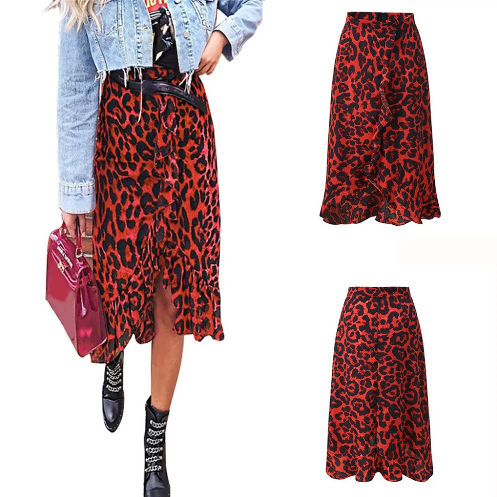 

Leopard Print Vintage Long Women's Casual High Waist Pleated Asymmetrical Ruffle Skirt Winter Irregular Casual Red Skirt_3.11