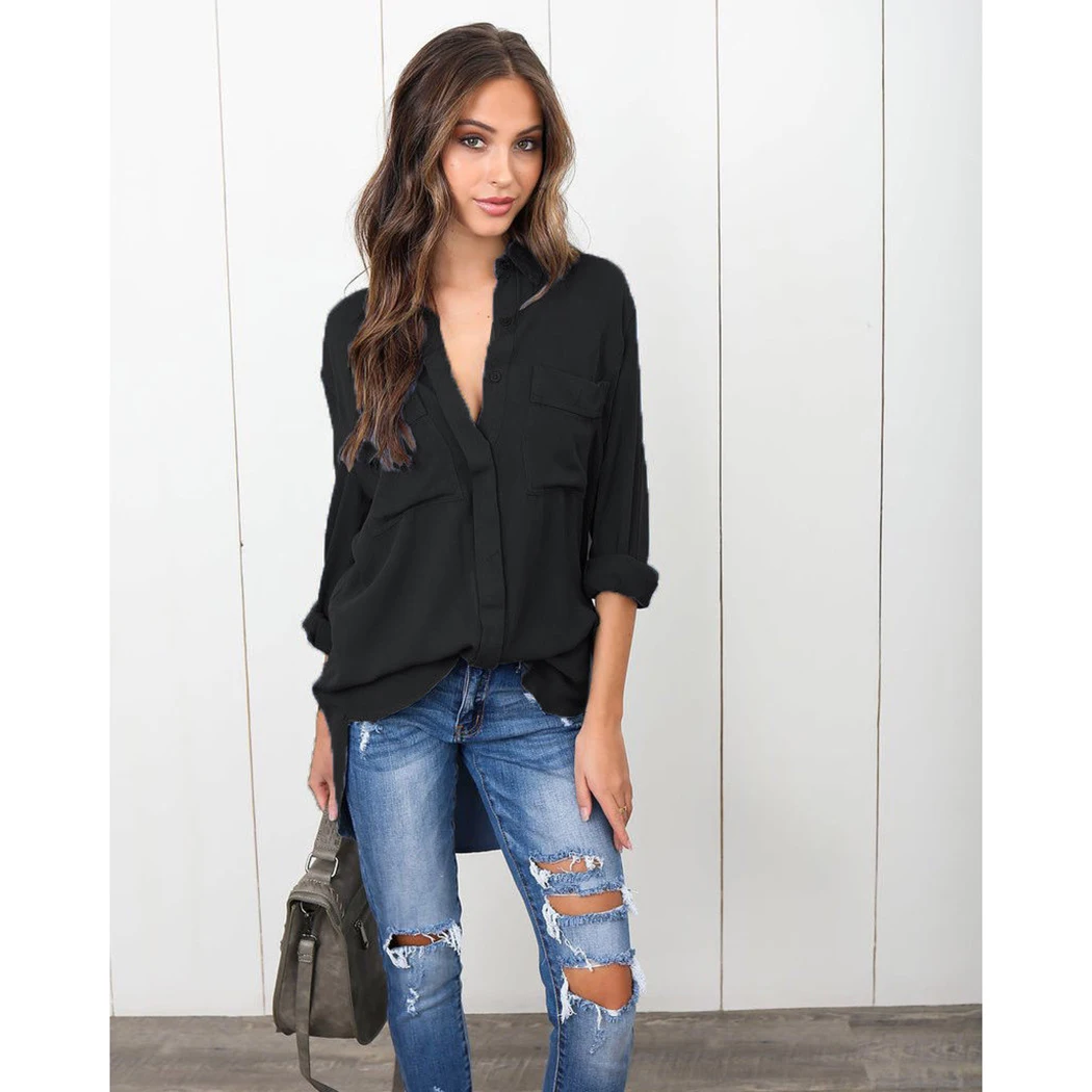Sexy V cuello gasa moda de manga larga Irregular blusas Color sólido Turn-Down Collar camisas Ropa Mujer blusas
