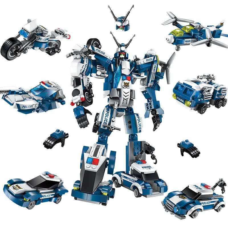 

Hot 577pcs 6 IN 1 Police War Generals Robot Car Building Blocks Helicopter Star Wars Bricks Educational Toys Compatible Legoings