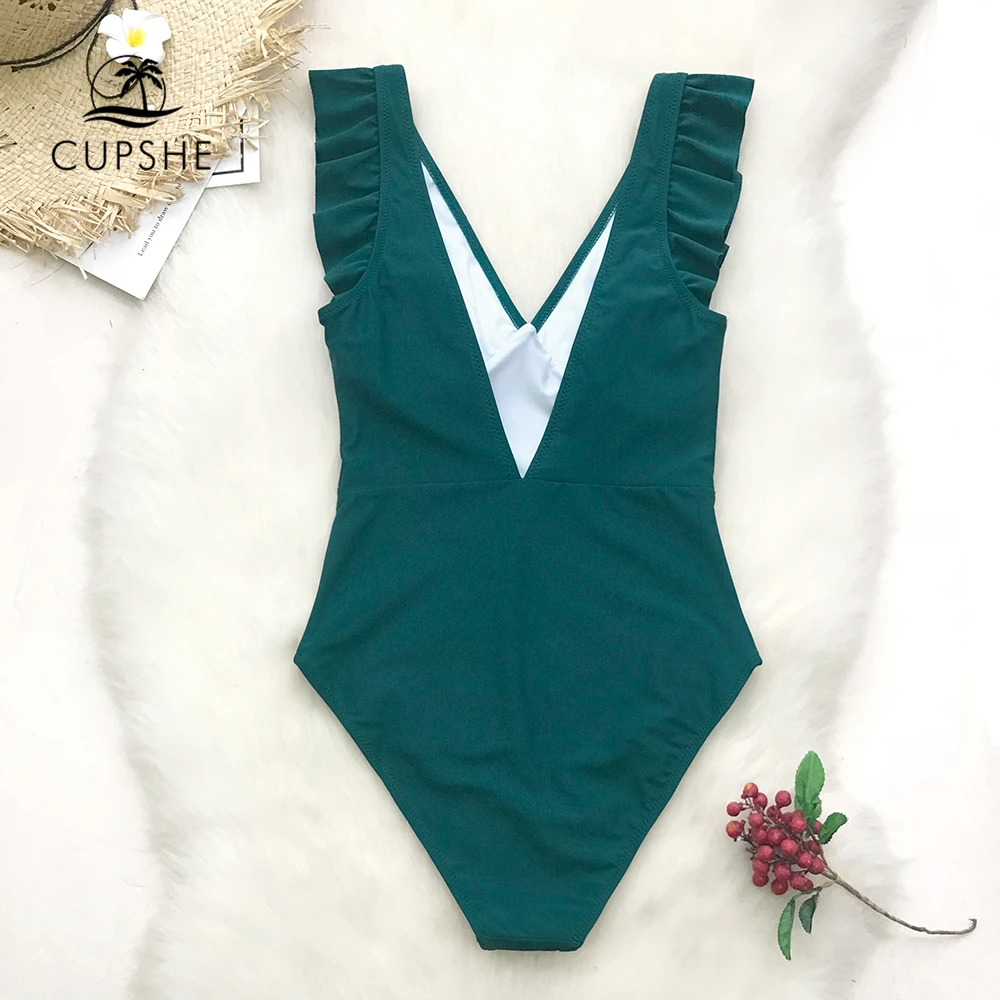 Kaufen CUPSHE Grün Teal Tiefer Feste Einteiliges Badeanzug Frauen Rüschen Geraffte Monokini 2020 Mädchen Strand Badeanzüge
