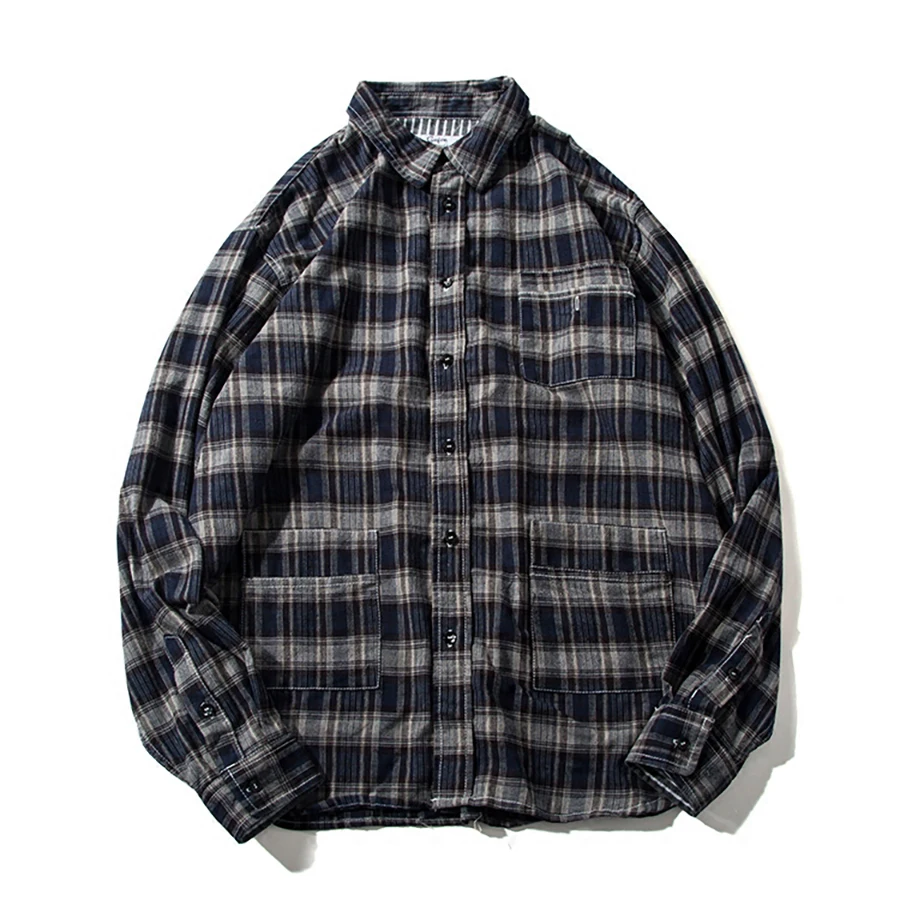 Vintage Men Checked Shirt Men Spring Oversized Loose Plaid Shirts Men ...