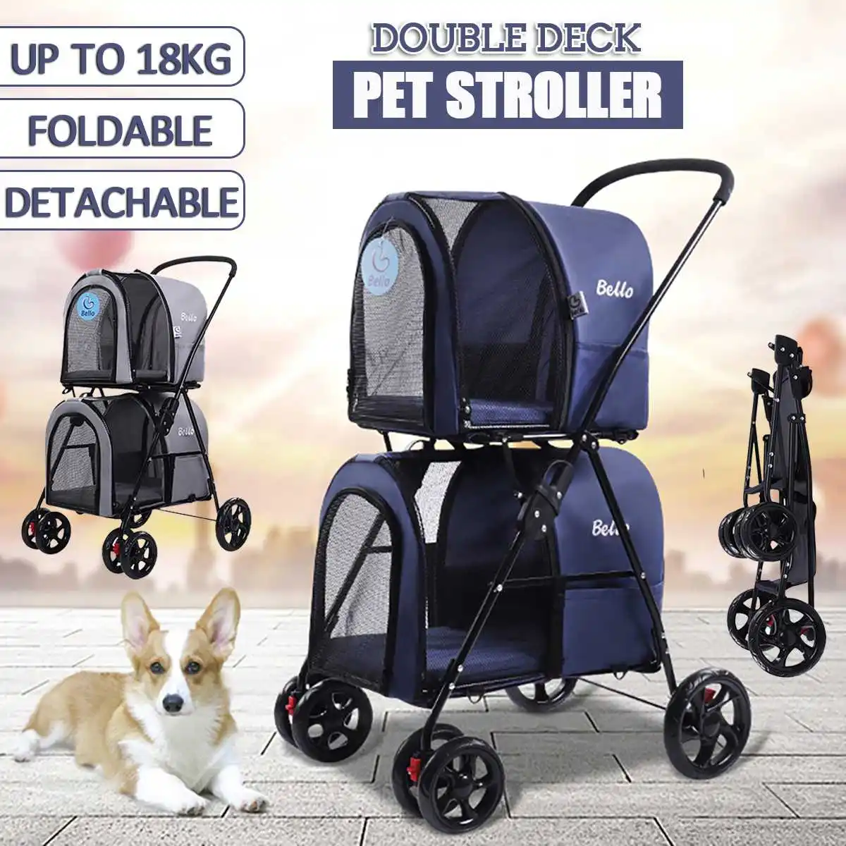 

Folding Pet Stroller Double-layer Separate Room Mesh Breathable Stroller For Dog Cat Quick Foldable Pet Carrier 8kg/10kg Bearing