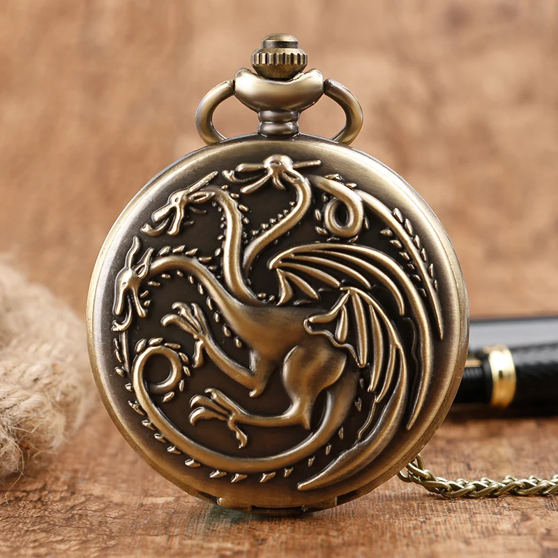 

Vintage Hot Game of Thrones Fire and Blood Targaryen Fashion Steampunk Cool Pocket Watch Necklace Chain Gift Three Head Dragon