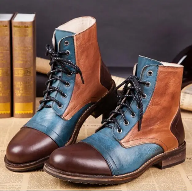 

2019 New Fashion Brown/Orange Patchwork Round Toe Lace Up Men Boots Flats Ankle Motorcycle boots Cool Men Shoes