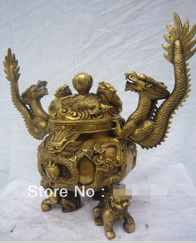 

free shipping 14" Marked Bronze Flying Dragon Incense Burner Censer Foo Fu Dog Lion Statue