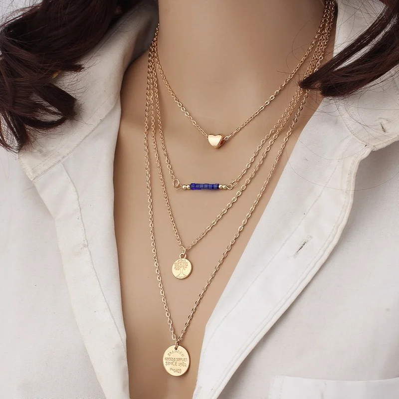 

New Summer Beach Sexy Necklace For Women Gold Color Heart Choker Fashion multilayer Chain Round Coin Pendant Neckalce Jewelry
