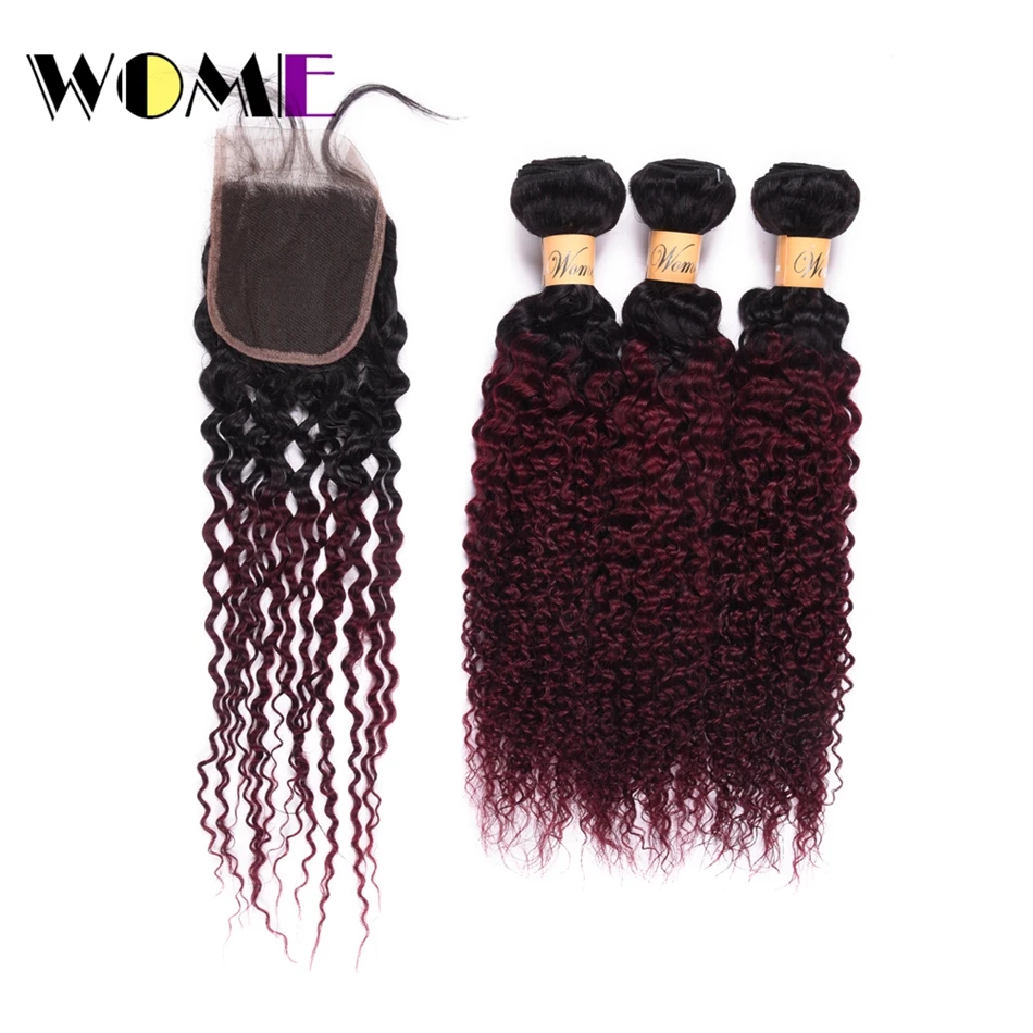 Wome Ombre Hair Two Tone Color Malaysian Kinky Curly Bundles With Closure T1B/99J Human Weaving Curl Extensions | Шиньоны и парики