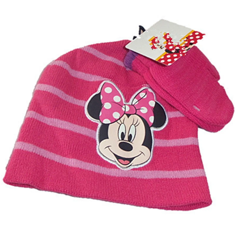

Cartoon Cute Pink MINI Mouse wool Cotton knitting winter Warm hats baby girl Cosplay Caps Fleece Lining Beanies with Gloves set