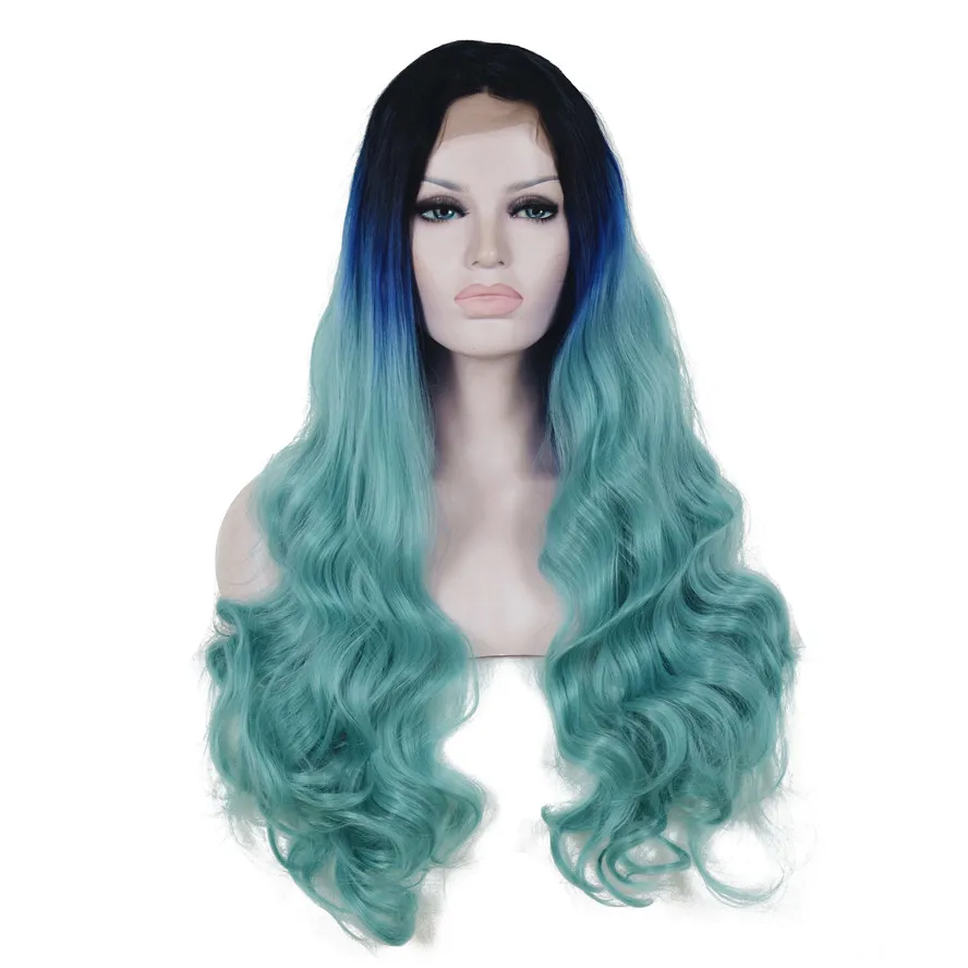 StrongBeauty Lace Front Wig Light blue Long Wavy Ombre Synthetic Heat