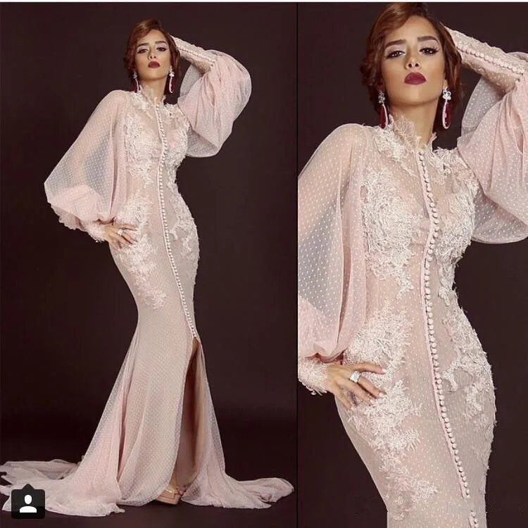 

Long Sleeves Muslim Evening Dresses 2019 Mermaid High Colalr Tulle Lace Islamic Dubai Saudi Arabic Long Evening Gown Prom Dress