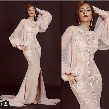 

Long Sleeves Muslim Evening Dresses Mermaid High Colalr Tulle Lace Islamic Dubai Saudi Arabic Long Evening Gown Prom Dress