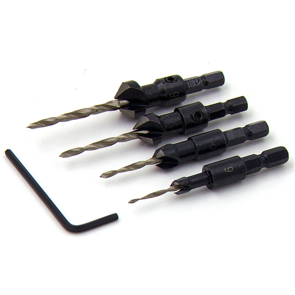 

FGHGF 4PCS Taper Carpenter Countersunk Head Screw Drill with 6# 10# 13# 16# Handle and Small Wrench