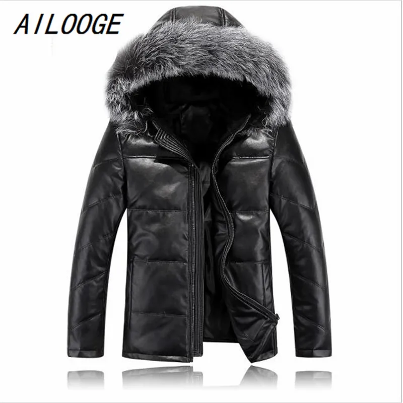 AILOOGE мужская кожаная куртка с меховым капюшоном хорошее качество мужской осенний пуховик зимняя верхняя одежда Размер M L XL XXL XXXL 4XL