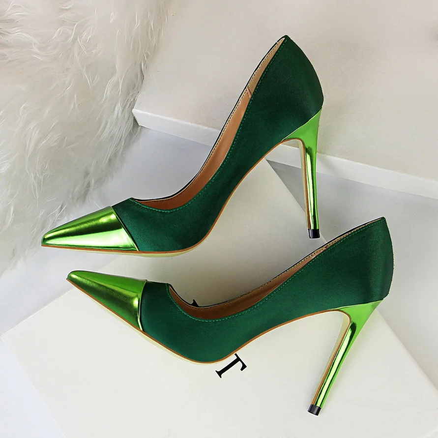 2019 Fashion 10cm High Heels Women Valentine Blue Green Pumps Female Satin Stiletto Heels Tacones Fetish Silk Glitter Pink Shoes