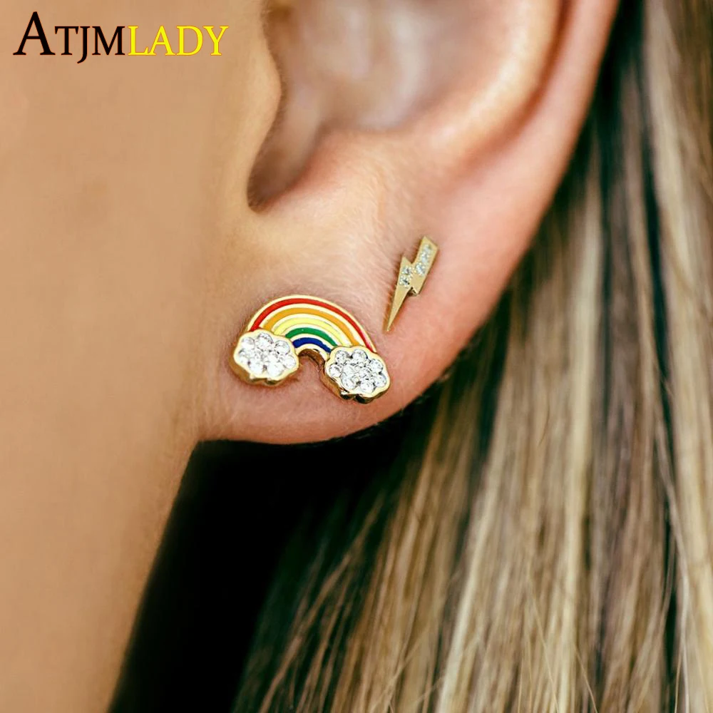 Лето Дизайн Красочная эмаль Радужная серьга позолоченная Милая Золотая радужная молния Болтовая шпилька серьги-кольца, модные ювелирные украшения