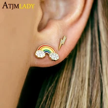 Лето Дизайн Красочная эмаль Радужная серьга позолоченная Милая Золотая радужная молния Болтовая шпилька серьги-кольца, модные ювелирные украшения