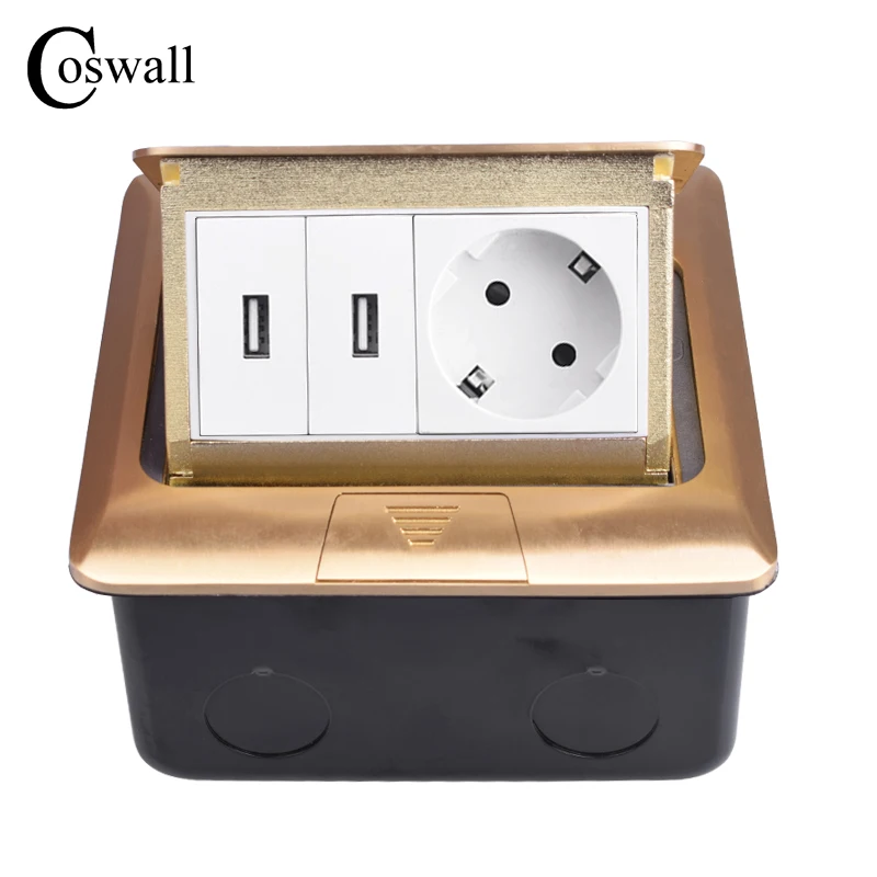 Coswall Чистая медь Золотая панель всплывающая напольная розетка 16A Россия Испания ЕС стандартная розетка с двойным USB зарядным портом металлическая коробка