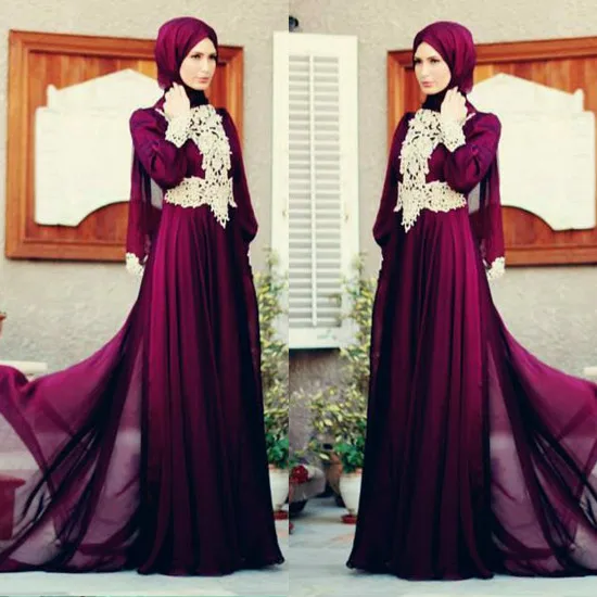 

vestido formal longo 2015 New Arrivals Top Chiffon Grace Lace Appliques Fuchsia Dubai Abaya Long Sleeve Evening Gowns Elegant
