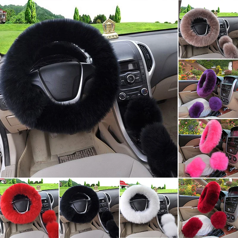 Long Plush Warm Steering Wheel Cover Woolen Handbrake Car Accessory Auto Fur~