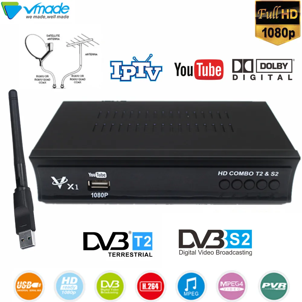 

DVB-T2+S2 X1 terrestrial digital DVB-S2 Satellite receiver combo TV Box HD 1080P YouTube IPTV Set Top Box with USB WIFI Dongle