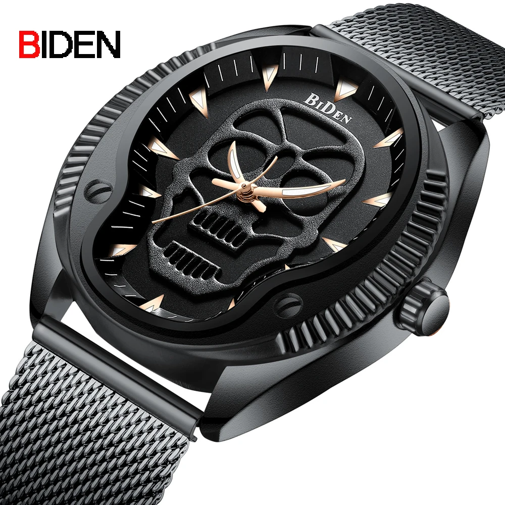 

BIDEN Men Business Cool Punk 3D Skull Big Design Quartz Watch Personality Ghost Watches Waterproof Gold Clock Relogio