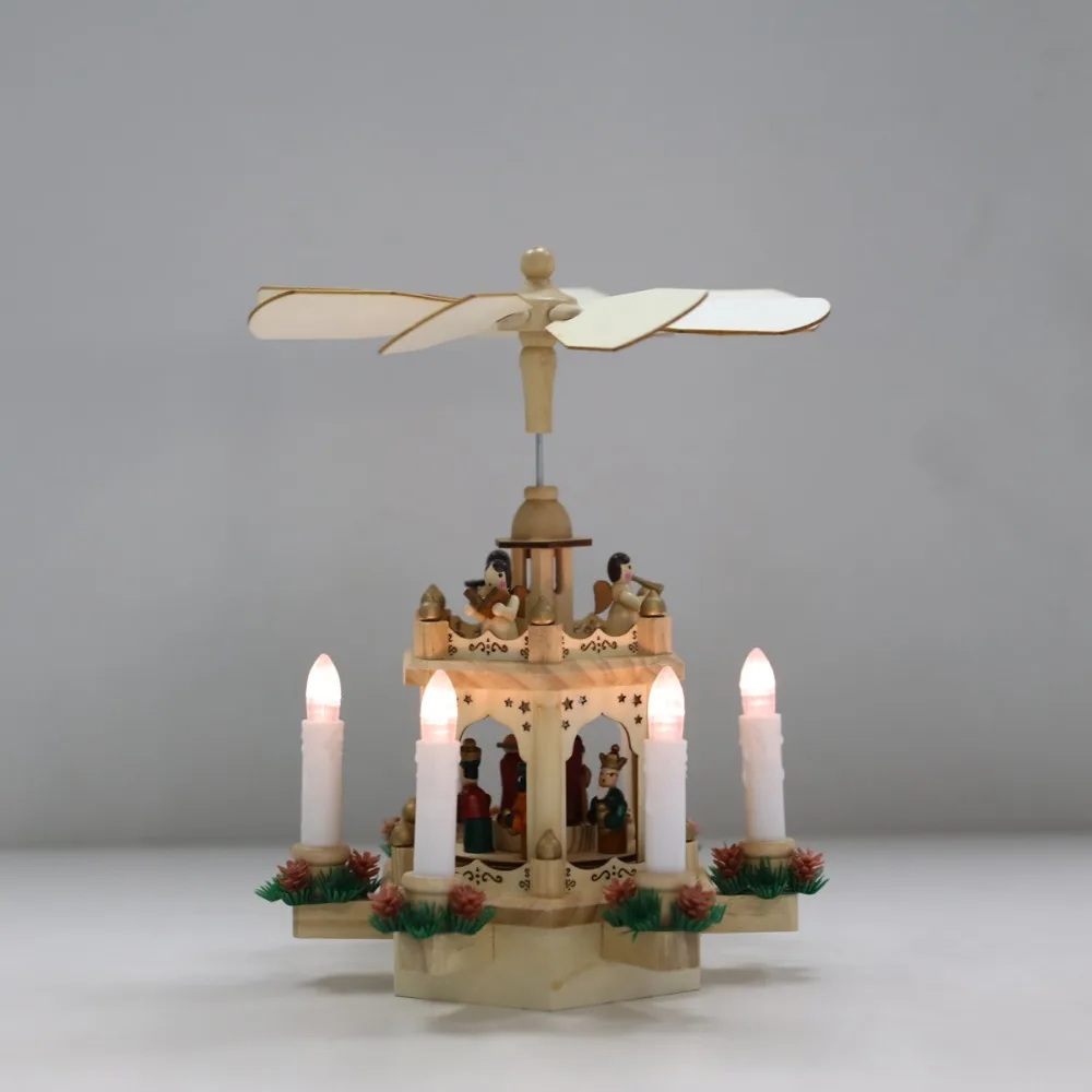 Рождественские деревянные декорации пирамиды в натуральный поворота управляется батарей 2 уровня ручная роспись рождественские статуэтки 6 светодио дный свечи