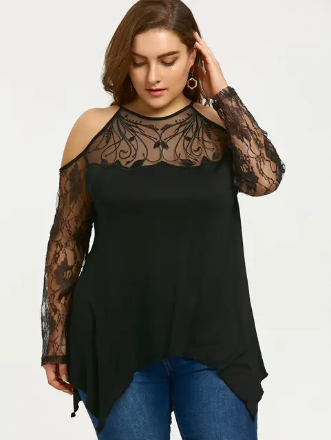 O Neck Cold Shoulder Lace See Thru Top Blouses top