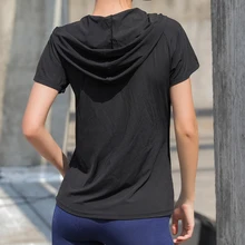 BINAND Females V neck Hooded Nylon Absorb Sweat Short Sleeve Pullover Gym Fitness Workout Jogging Sports Solid Yoga Shirt