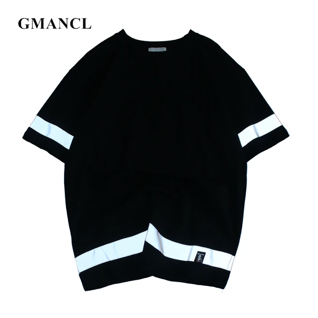 US $12.80 Man 3m reflective Night shiny stripes Summer short sleeve Casual T Shirts oversized Hip hop Skatebo