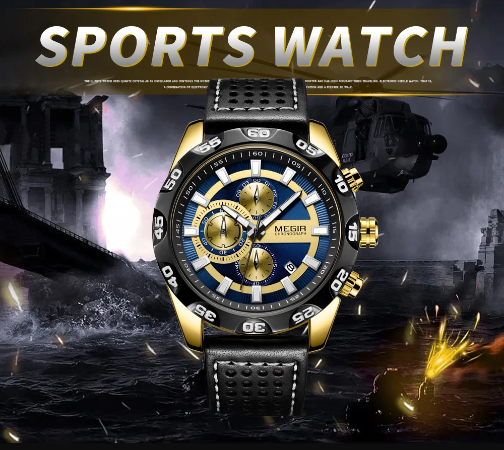 Megir Для мужчин армии спортивные часы кожаный ремешок Лидирующий бренд хронограф 3 бар Водонепроницаемый Светящиеся Наручные часы человек 2096 г белый