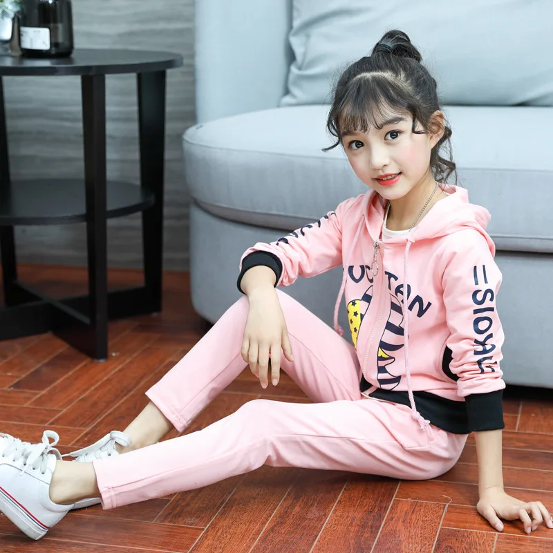 

2018 New Girls Fashion Zipper Plus Size Spring And Autumn Cartoon Letters Two Befree Pieces Kids Sets Pink and Blue