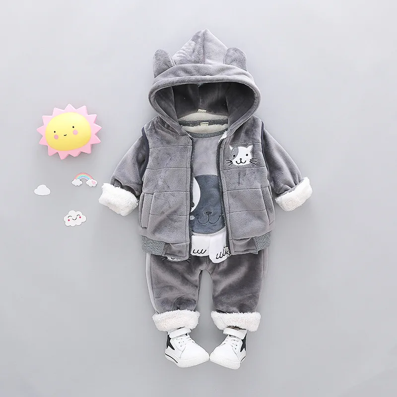 

Children Winter Clothes Cartoon Bear Warm Winter Plus Velvet Thicken Sweatshirts + Waistcoat + Pant Suit Baby Outwear Clothing