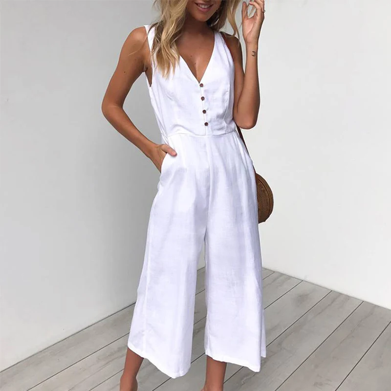 Women High Waist Wide Leg Cotton Linen Rompers Sleeveless White V Neck