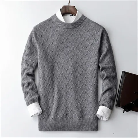 Кашемировый скрученный вязаный мужской короткий толстый Oneck сплошной H-прямой пуловер свитер 5 цветов S-2XL розничная оптом - Цвет: grey