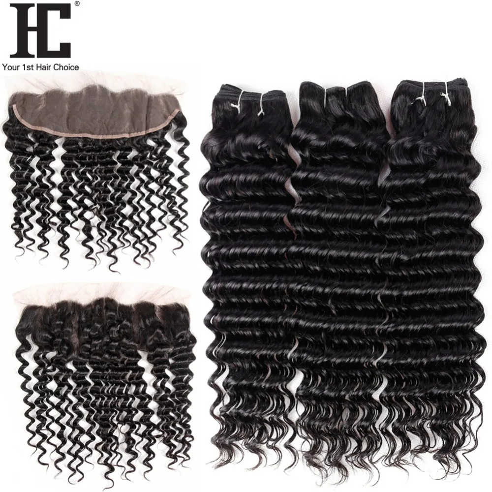 

HC Hair Loose Deep Wave Lace Frontal Closure With Bundles Mongolian Hair 3 Bundles Human Hair Weave With Pre Plucked Frontal