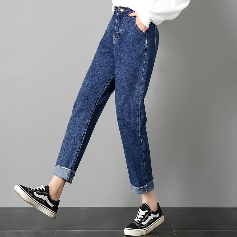 Vintage Ladies Boyfriend Jeans for Women High Waisted Jeans Blue Casual Pencil Trousers Korean Streetwear Denim Pants XL - Цвет: dark blue