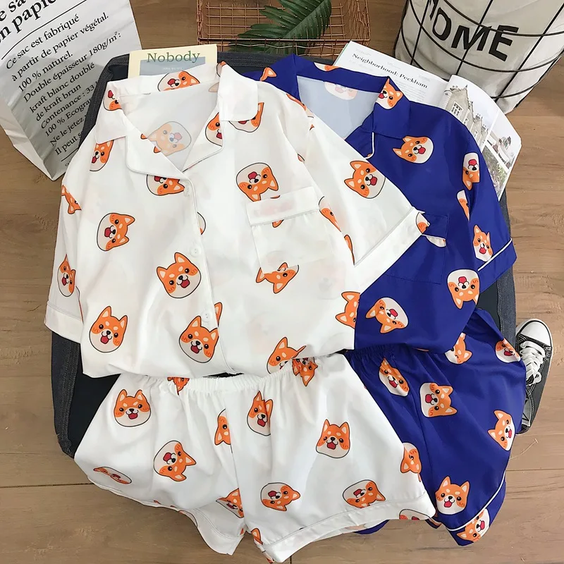 Летние Пижамные наборы для влюблённых с принтом медведя Харадзюку Шиба Милая Doge Мужская пижама Mujer Пижама для пары с мультяшными собаками шелковая одежда для сна